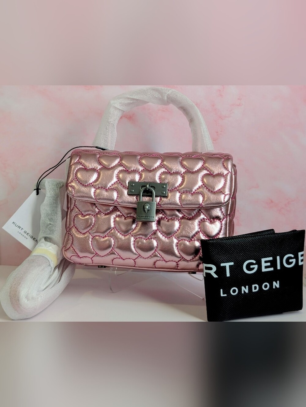 Kurt Geiger London Pink Heart Mini Brixton Metallic Bag NWT Dust Bag Included